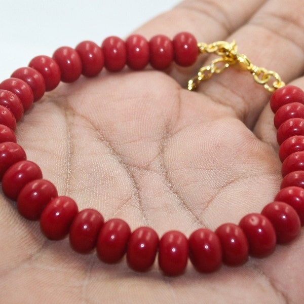 Red Coral Bracelet,Coral Smooth Rondelle Bracelet,Coral Plain Roundel Jewelry 9 mm Beaded Bracelet,Adjustable Length 8" to 10" Bead Bracelet