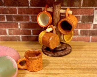Handmade Miniature Midcentury Coffee Tree with Mugs: 1/12 Scale Dollhouse Diorama