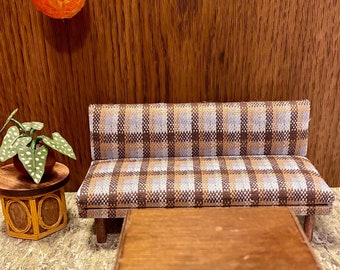 1/12 scale miniature handmade midcentury couch sofa with vintage plaid fabric