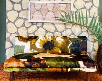 1/12 scale miniature handmade midcentury couch sofa with vintage floral upholstery fabric