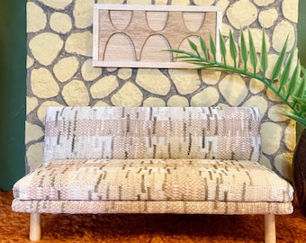 1/12 scale miniature handmade midcentury couch with vintage double knit fabric