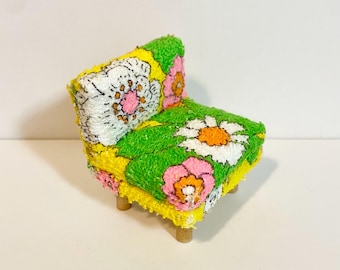 1/16 Scale Miniature Handmade Midcentury Chair with Vintage Terry Cloth Floral Fabric