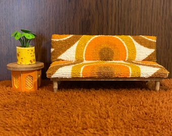 1/12 Scale Miniature Handmade Midcentury Couch with Vintage 60s Terry Cloth Fabric Orange Brown