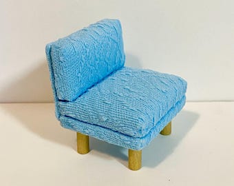 1/16 Scale Miniature Handmade Midcentury Chair or Couch with Vintage Double-knit Blue Textured Fabric