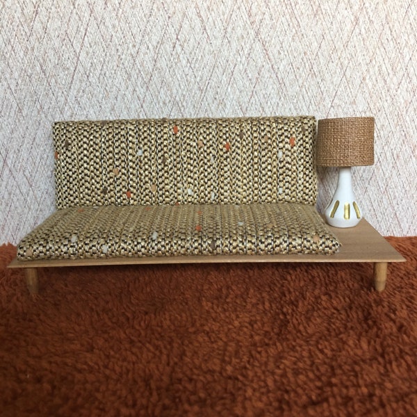 1/12 Scale Miniature Mid-Century Couch with Vintage Fabric