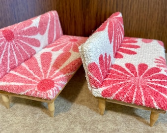 1/12 Scale Miniature Handmade Midcentury Couch with Large Flower Vintage 60s Terry Cloth Fabric