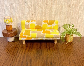 1/16 scale miniature handmade midcentury couch sofa in vintage abstract fabric
