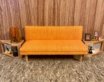 1/12 scale miniature handmade midcentury couch sofa with orange yellow vintage fabric retro