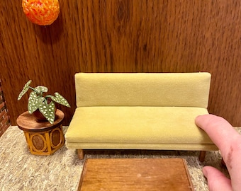 1/12 scale miniature handmade midcentury couch sofa with retro green velvety fabric