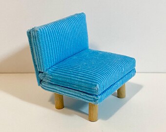 1/16 Scale Miniature Handmade Midcentury Chair  with Vintage Blue Corduroy Fabric
