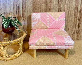 1/12 scale miniature handmade midcentury chair with vintage double knit pink geometric fabric