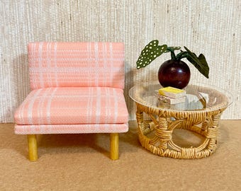 1/12 scale miniature handmade midcentury chair with vintage plaid fabric