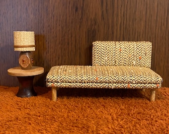 1/12 scale miniature handmade midcentury couch with vintage fabric