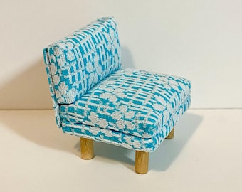 1/16 Scale Miniature Handmade Midcentury Chair with Vintage Double-knit Aqua Textured Fabric