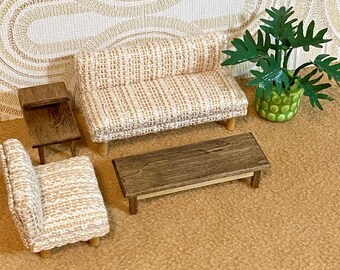 1/16 Scale Miniature Handmade Midcentury Chair or Couch with Vintage Woven Fabric