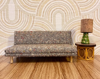 1/12 Scale Miniature Midcentury Couch: Handmade Tweed Dollhouse Sofa