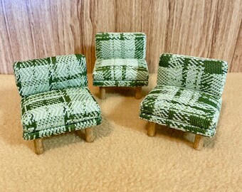 1/16 Scale Miniature Handmade Midcentury Chair with Vintage Double-knit Green Plaid Fabric