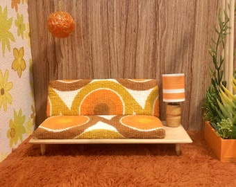 1/12 Scale Miniature Mid-Century Couch with 70s Vintage Fabric