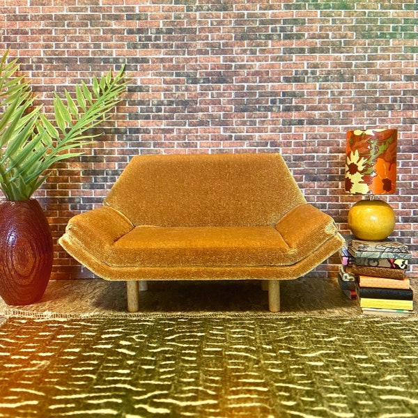 1/12 Scale Miniature Mid-Century Couch with Golden Mustard Velvet