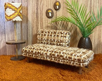 1/12 scale miniature handmade midcentury couch sofa with brown vintage tweed fabric retro