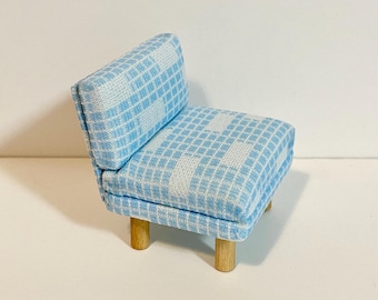 1/16 Scale Miniature Handmade Midcentury Chair with Vintage Double-knit Blue Fabric