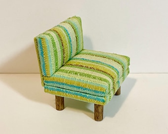 1/16 Scale Miniature Handmade Midcentury Chair with Vintage Striped Fabric