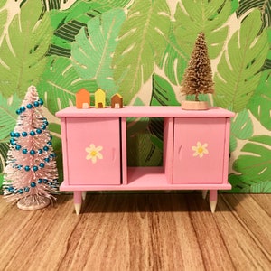 1/12 scale miniature handmade pink buffet cabinet credenza sideboard with hand painted flowers