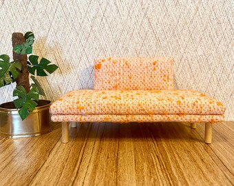 Miniature Midcentury Couch, 1/12 Scale, Orange Tweed Fabric