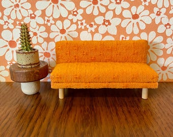 1/16 scale miniature handmade midcentury couch sofa in orange