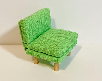 1/16 Scale Miniature Handmade Midcentury Chair with Vintage Double-knit Green Textured Fabric