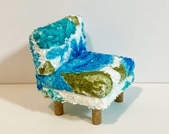 1/16 Scale Miniature Handmade Midcentury Chair with Vintage Terry Cloth Floral Fabric