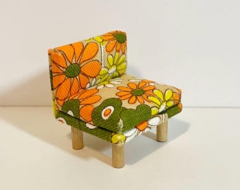 1/16 Scale Miniature Handmade Midcentury Chair with Vintage Flower Fabric