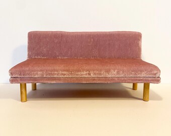 1/12 scale miniature handmade midcentury couch with purple velvet fabric