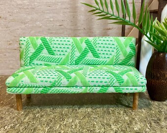 1/12 scale miniature handmade midcentury couch sofa with green vintage abstract fabric