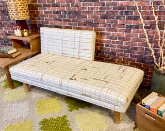 1/12 scale miniature handmade midcentury couch sofa with vintage neutral woven fabric