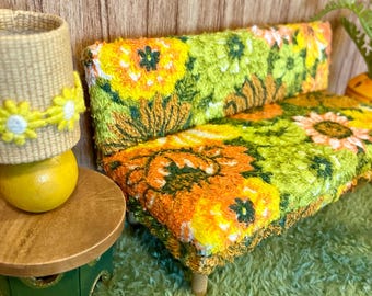 Miniature Mid-Century Couch: 1/12 Scale, Floral Terry Cloth