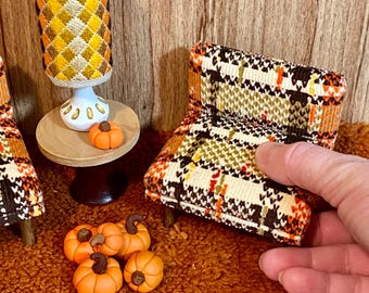 1/12 scale miniature handmade midcentury couch with vintage fall corduroy plaid fabric