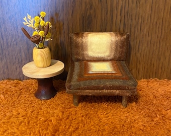 1/12 scale miniature handmade midcentury chair with retro geometric fabric
