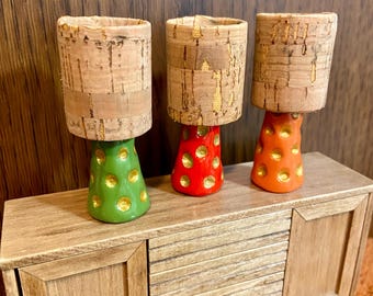 1:12 Scale Midcentury Lamp with Cork Shade, Gold Accents, Dollhouse Diorama Accessory