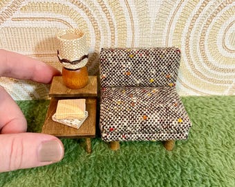 1/16 Scale Miniature Handmade Midcentury Chair with Vintage Tweed Fabric