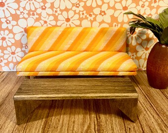 1/12 Scale Miniature Mid-Century Couch with Vintage Candy Corn Fabric