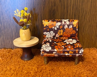 1/12 scale miniature handmade midcentury chair with retro floral 70s fabric