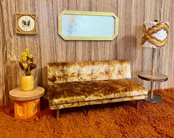 1/12 scale miniature handmade midcentury couch sofa with brown gradient crushed velvet fabric