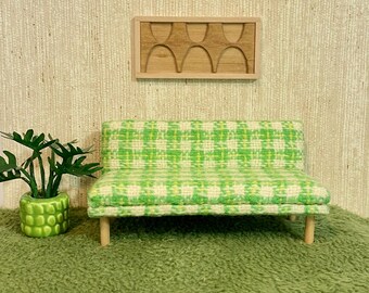 1/12 Scale Miniature Midcentury Couch Sofa with Vintage Green Plaid Fabric