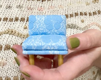 1/16 Scale Miniature Handmade Midcentury Chair or Couch with Vintage Double-knit Blue Floral Textured Fabric