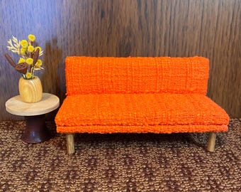 1/12 Scale Miniature Couch: Handmade Midcentury Dollhouse Sofa with Orange Tweed Fabric