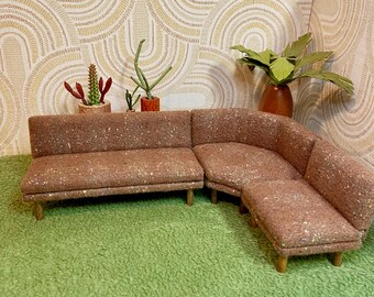 1/12 Scale Miniature Couch: Handmade Midcentury Dollhouse 3-Piece Sofa with Brown Tweed Fabric