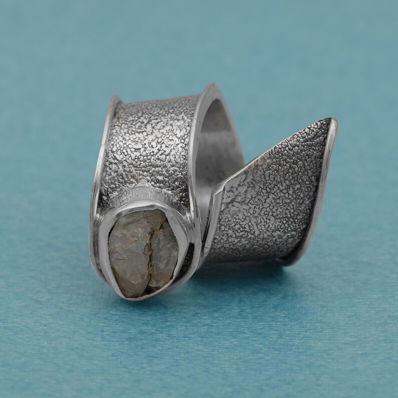 Fidget Ring Solid 925 Sterling Silver Natural Rainbow Moonstone Bypass Shank Ring Minimalist Ring,Textured Ring, Anxiety Ring