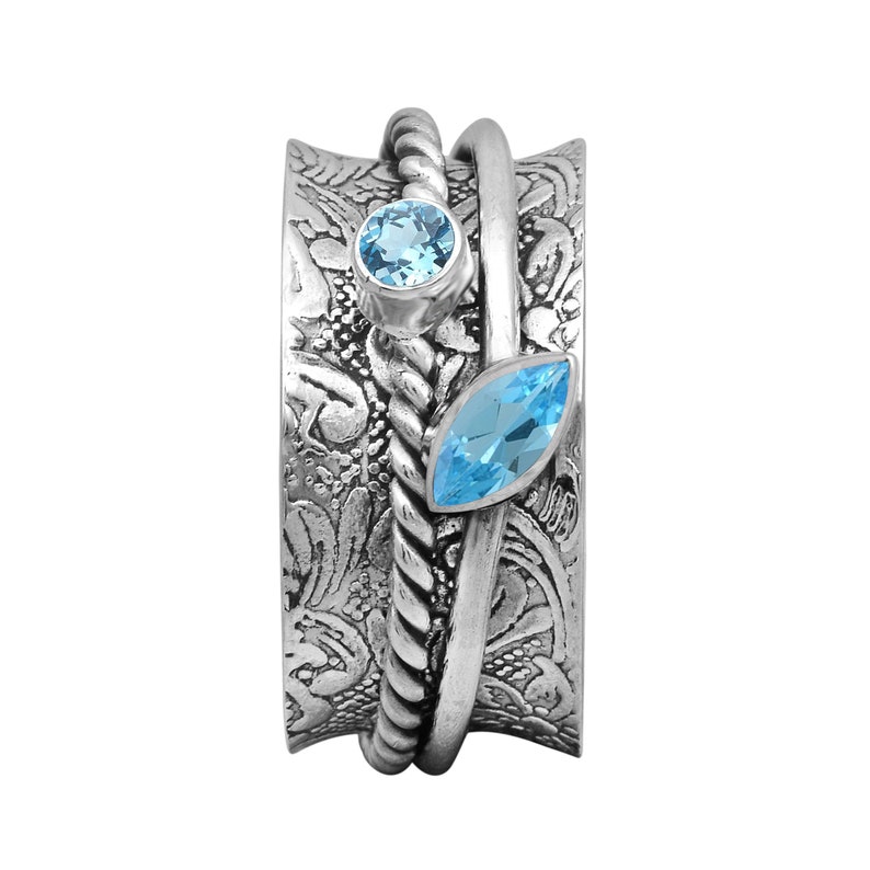 925 Sterling Silver Ring for Women Meditation Fidget Ring Swiss Blue Topaz Spinner Ring Wide Band Two Tone Ring Worry Hammered Ring