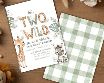 Two Wild Safari Birthday Invitation | Jungle Animals (PDF & JPEG Canva Template